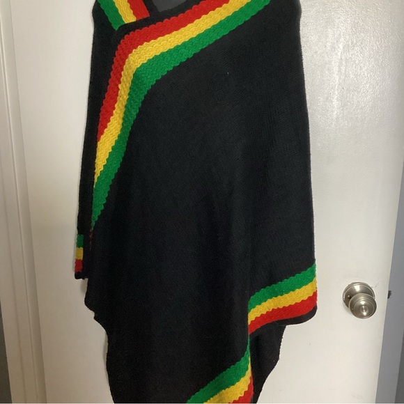 Elegant Black Rasta Poncho with Colorful Stripes - Picture 2 of 14